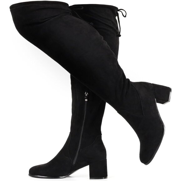 Women Black Faux Suede Chunky ​​Block Heel Round Toe Fall Side Zipper Boots - Picture 1 of 6